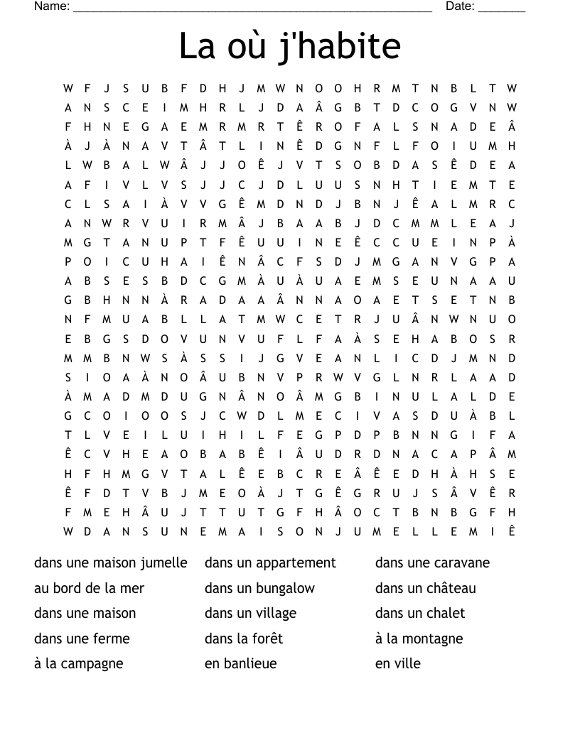 La où j'habite Word Search
