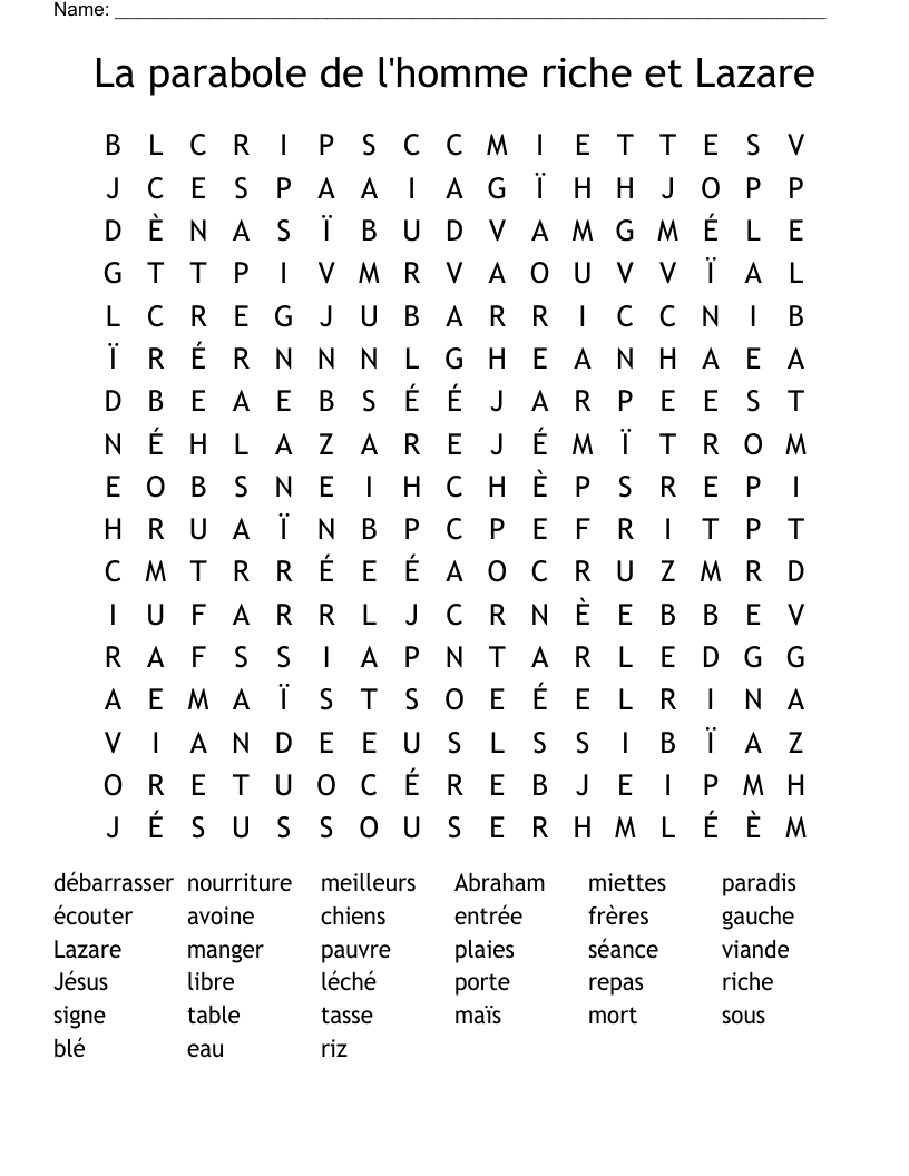La parabole de l'homme riche et Lazare Word Search