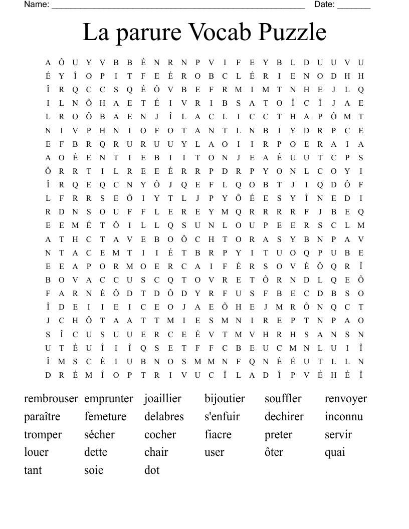 La parure Vocab Puzzle Word Search