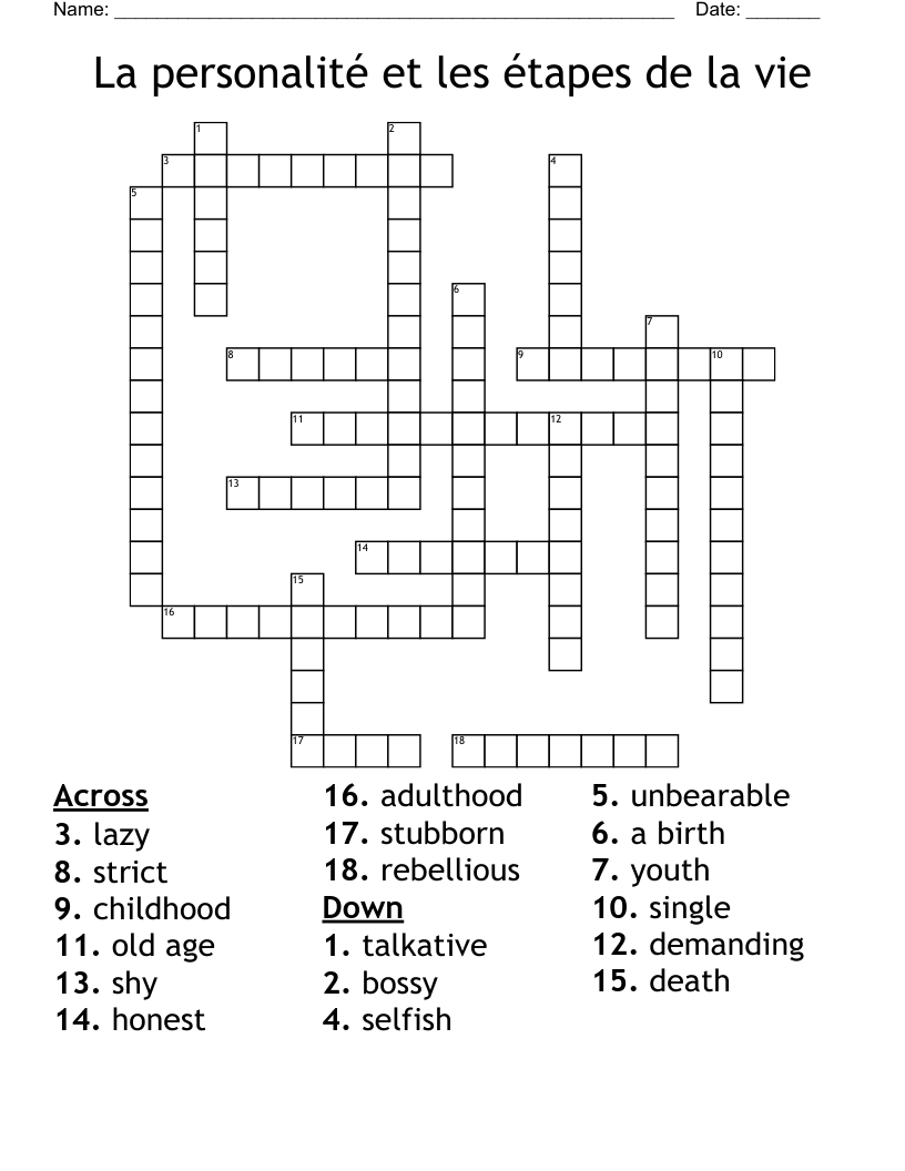 La personalité et les étapes de la vie Crossword