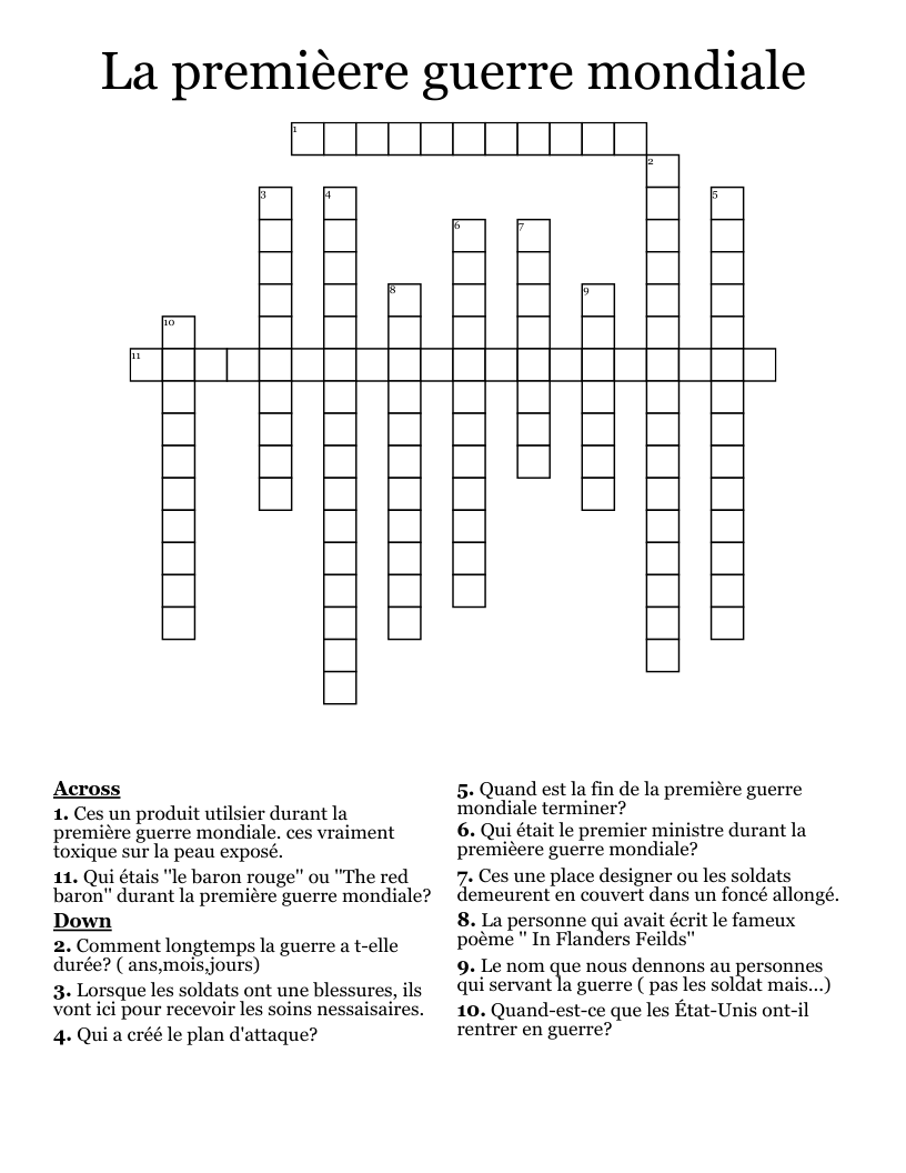 La premièere guerre mondiale  Crossword