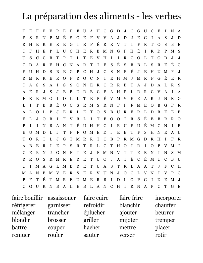 La préparation des aliments - les verbes  Word Search