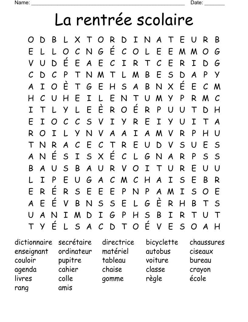 La rentrée scolaire Word Search