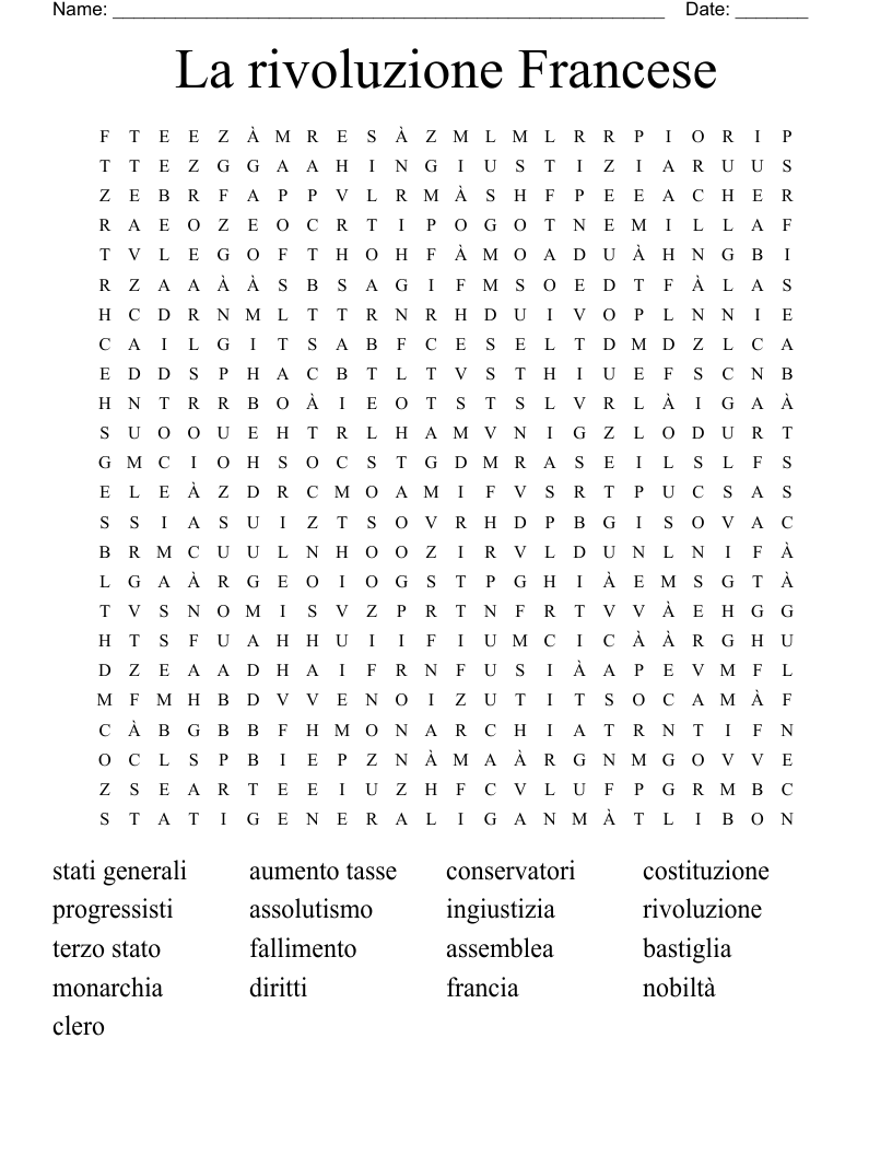 La rivoluzione Francese Word Search