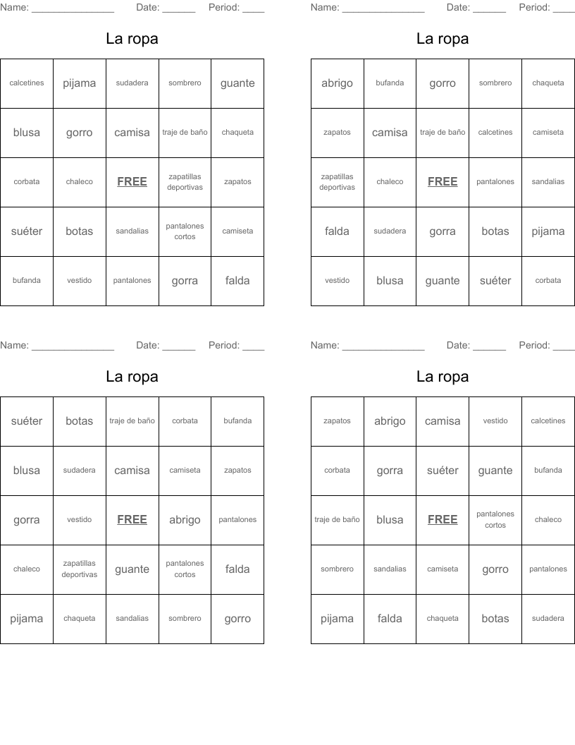 La ropa Bingo Cards