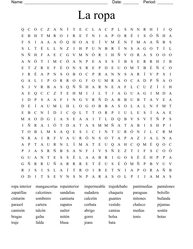 La ropa Word Search