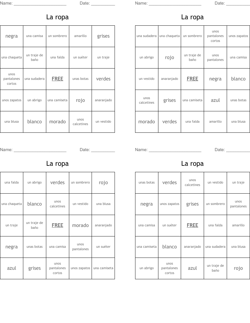 La ropa  Bingo Cards