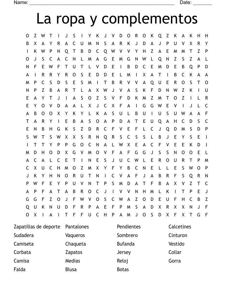 La ropa y complementos Word Search