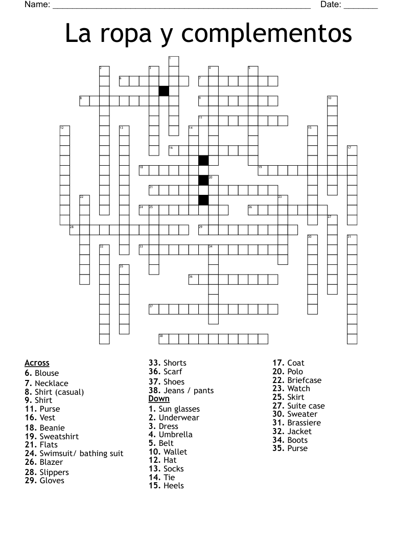 La ropa y complementos Crossword