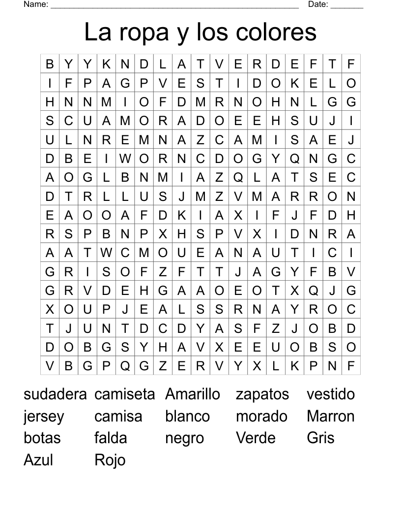 La ropa y los colores Word Search