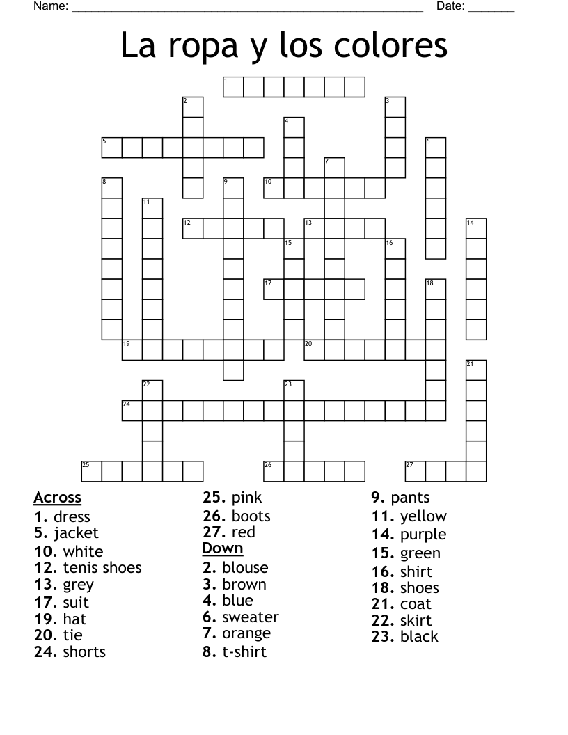 La ropa y los colores Crossword