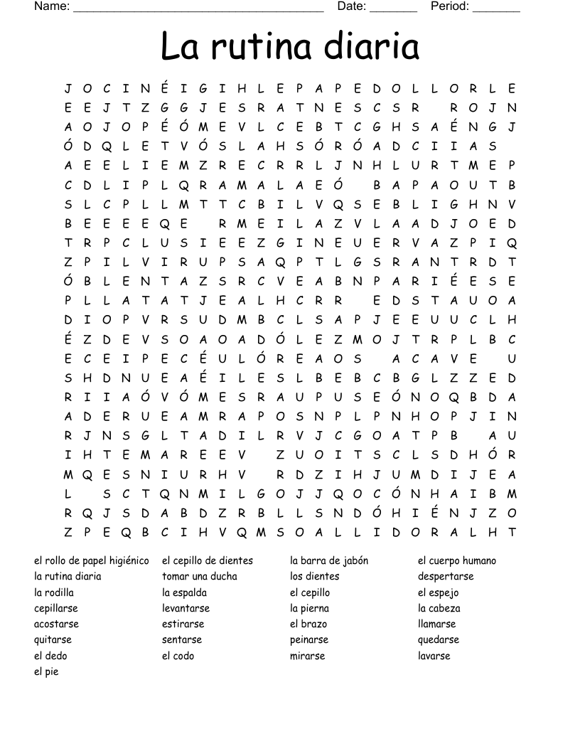 La rutina diaria Word Search