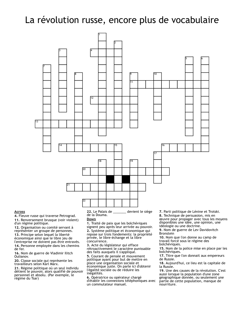 La révolution russe, encore plus de vocabulaire Crossword