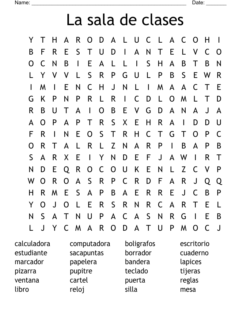 La sala de clases Word Search