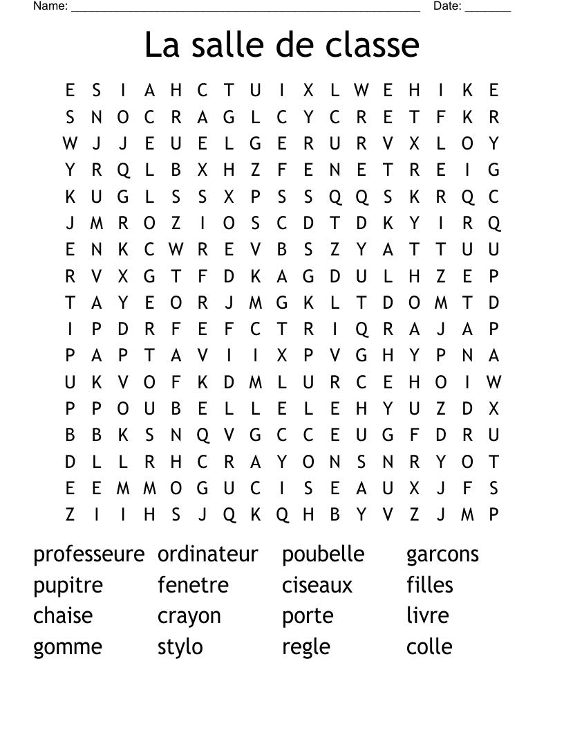 La salle de classe Word Search