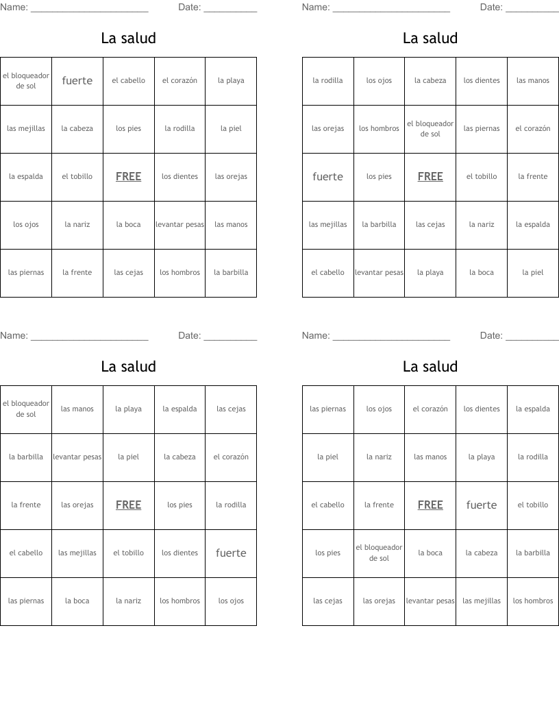 La salud Bingo Cards