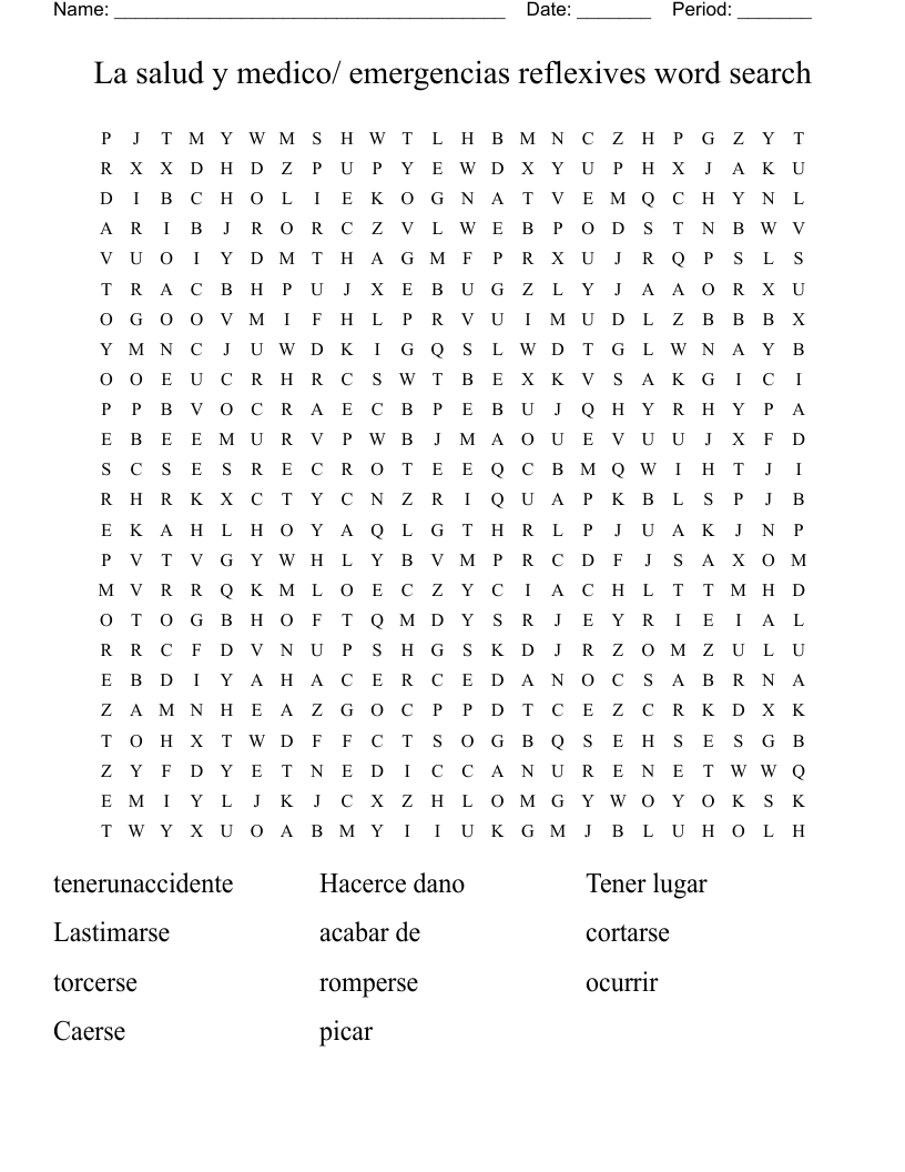 La salud y medico/ emergencias reflexives word search