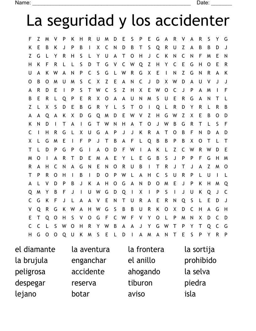 La seguridad y los accidenter Word Search