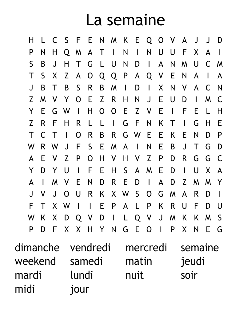 La semaine Word Search