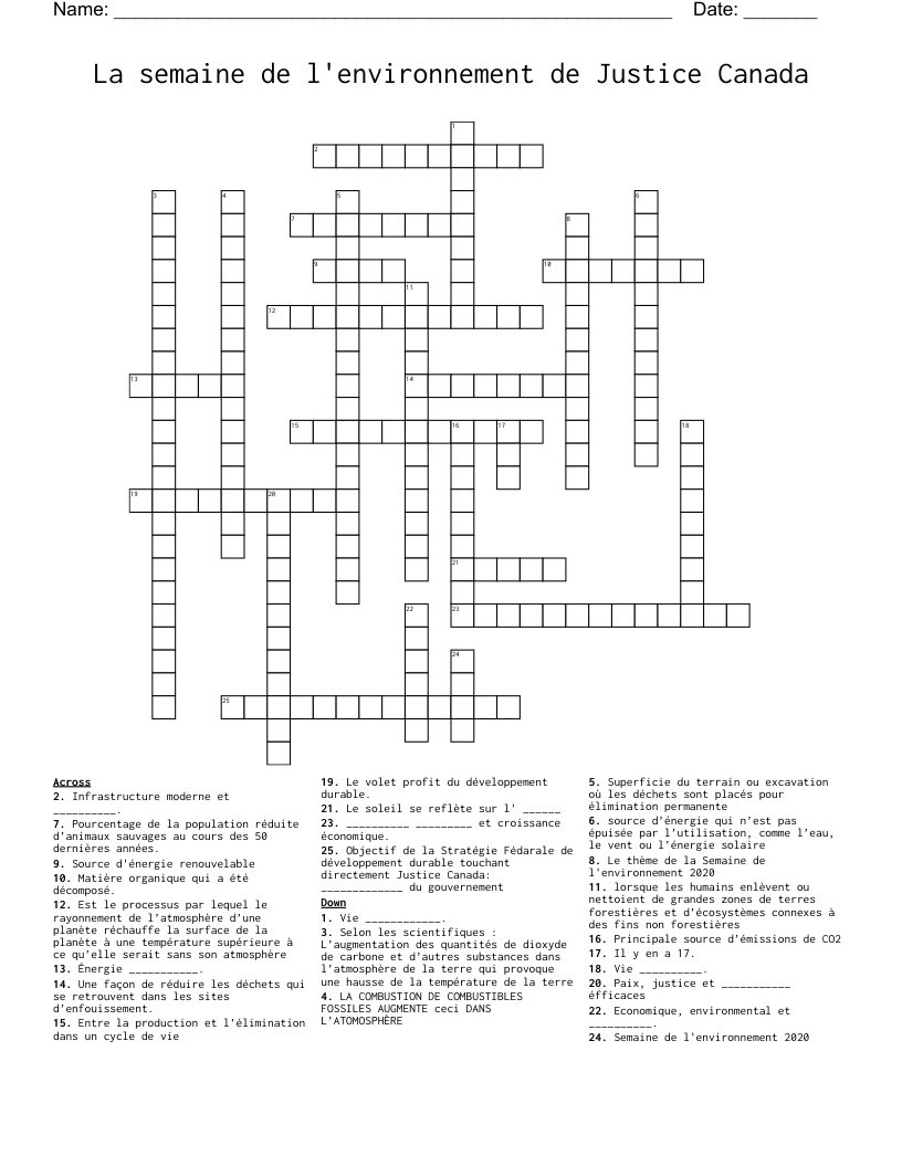 La semaine de l'environnement de Justice Canada Crossword