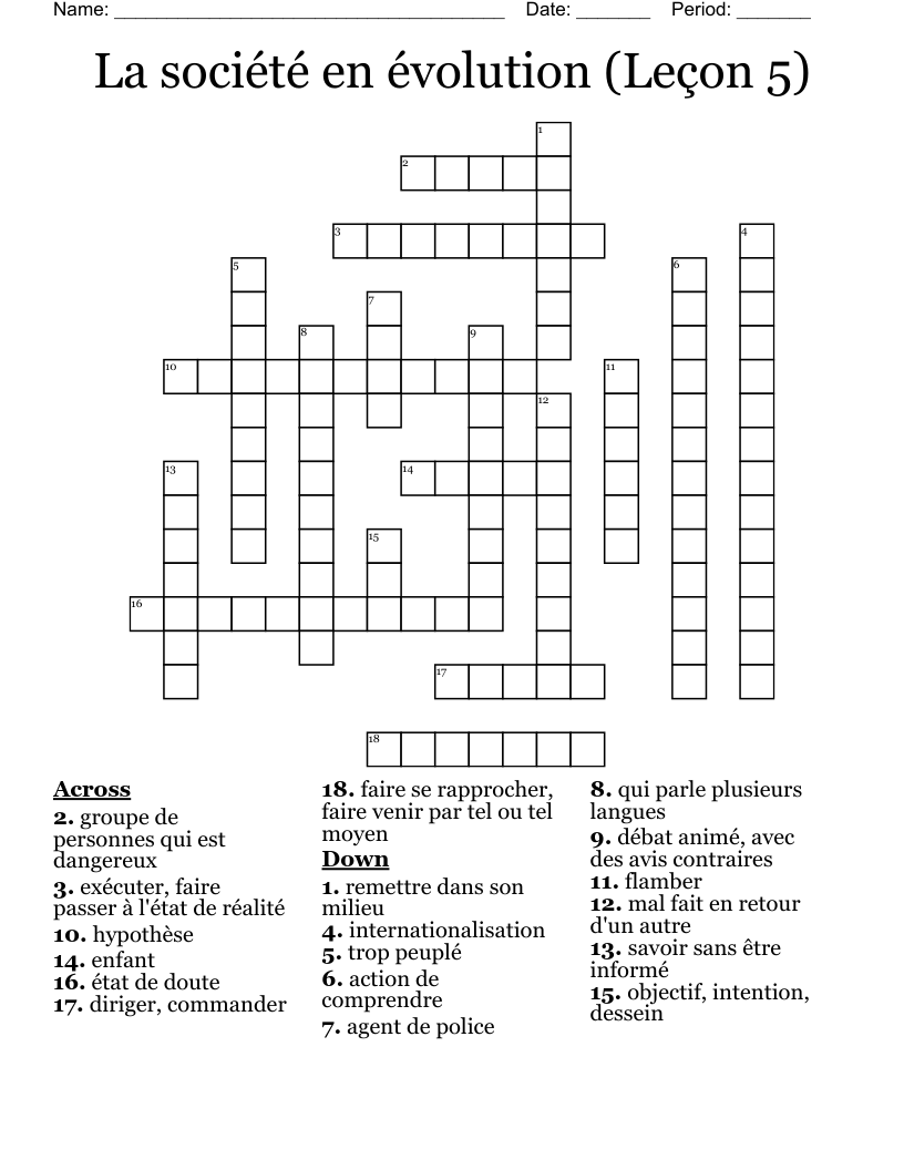 La société en évolution (Leçon 5) Crossword