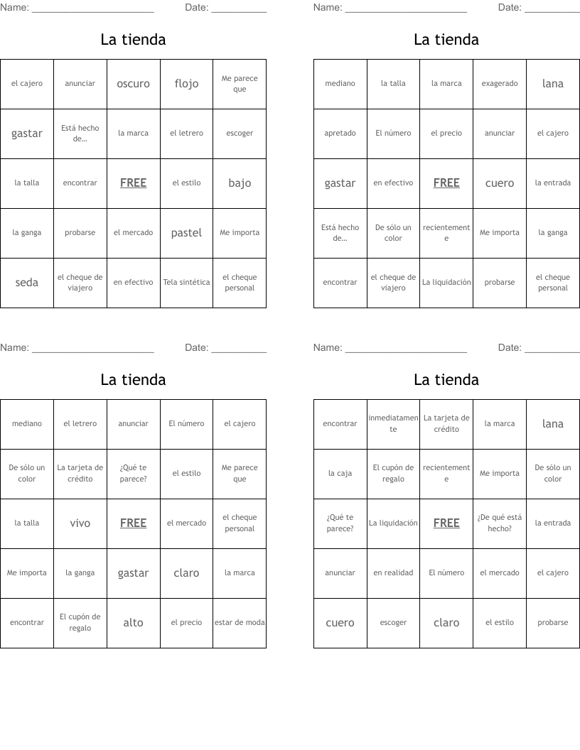 La tienda Bingo Cards