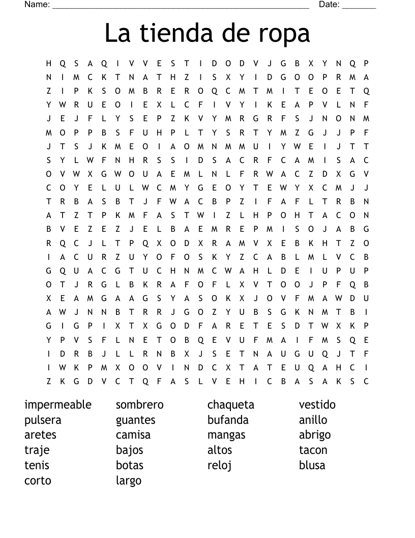 La tienda de ropa Word Search