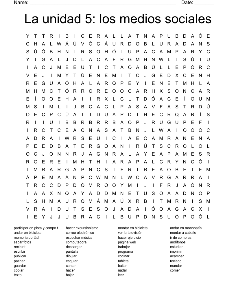 La unidad 5: los medios sociales Word Search