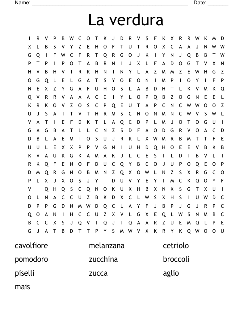 La verdura  Word Search