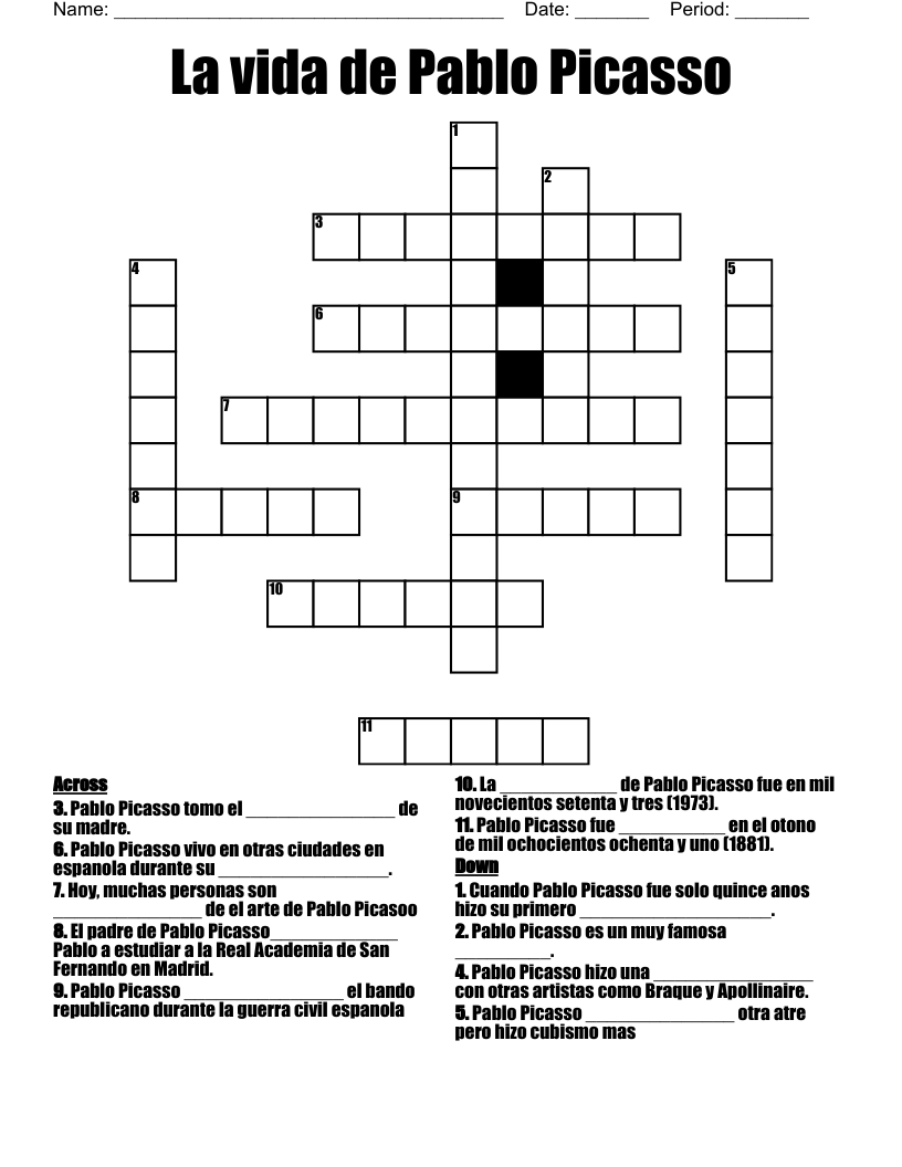 La vida de Pablo Picasso Crossword
