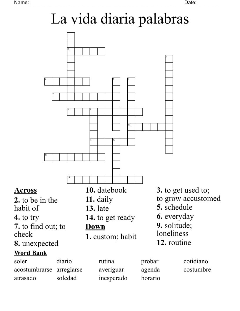La vida diaria palabras Crossword