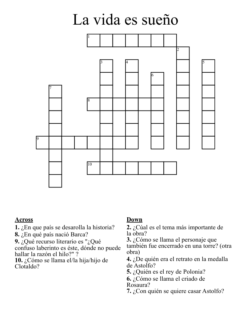 La vida es sueño Crossword