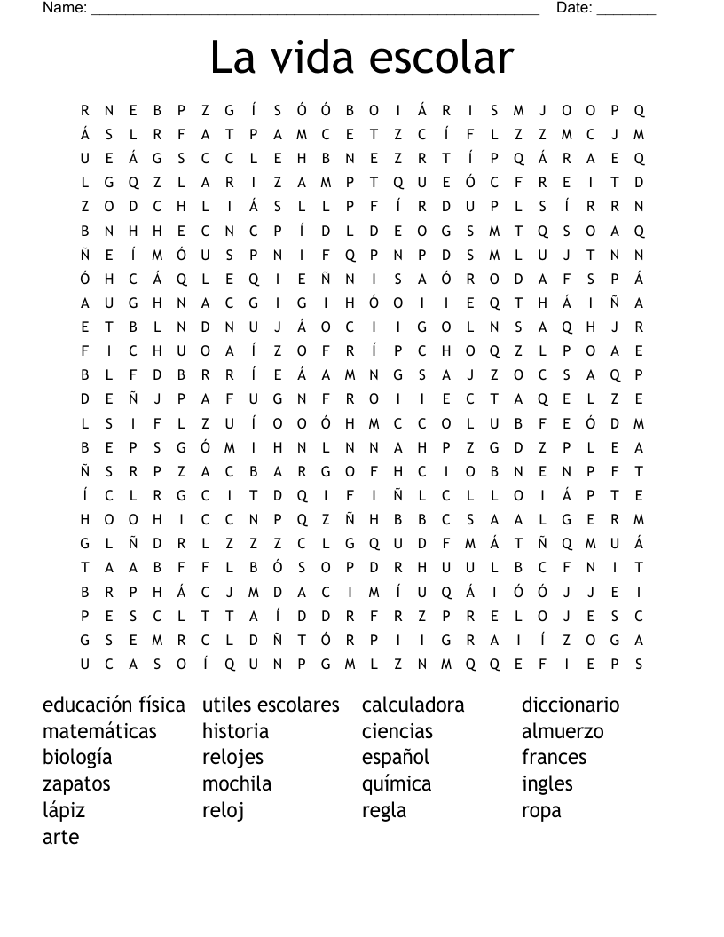 La vida escolar Word Search