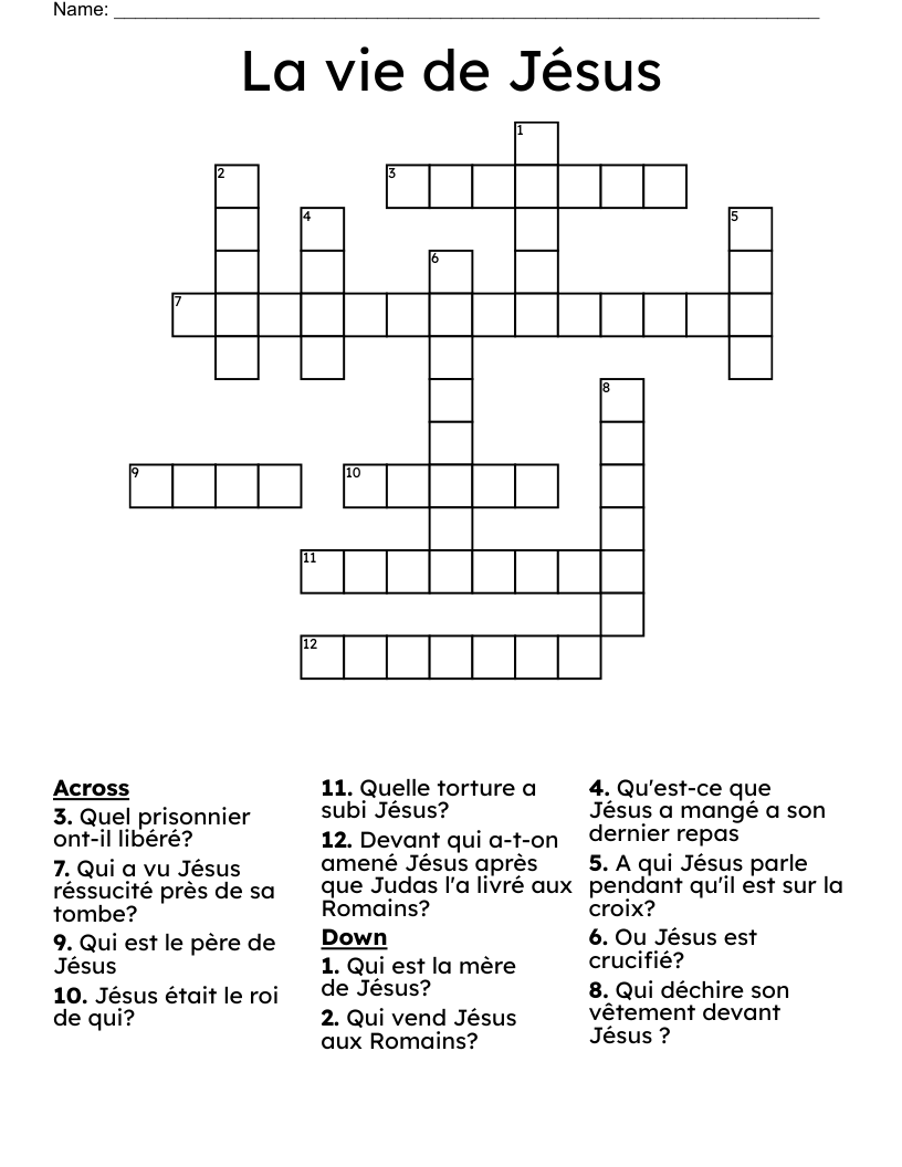 La vie de Jésus  Crossword