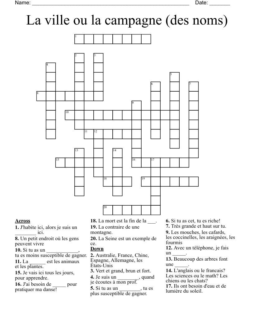 La ville ou la campagne (des noms) Crossword