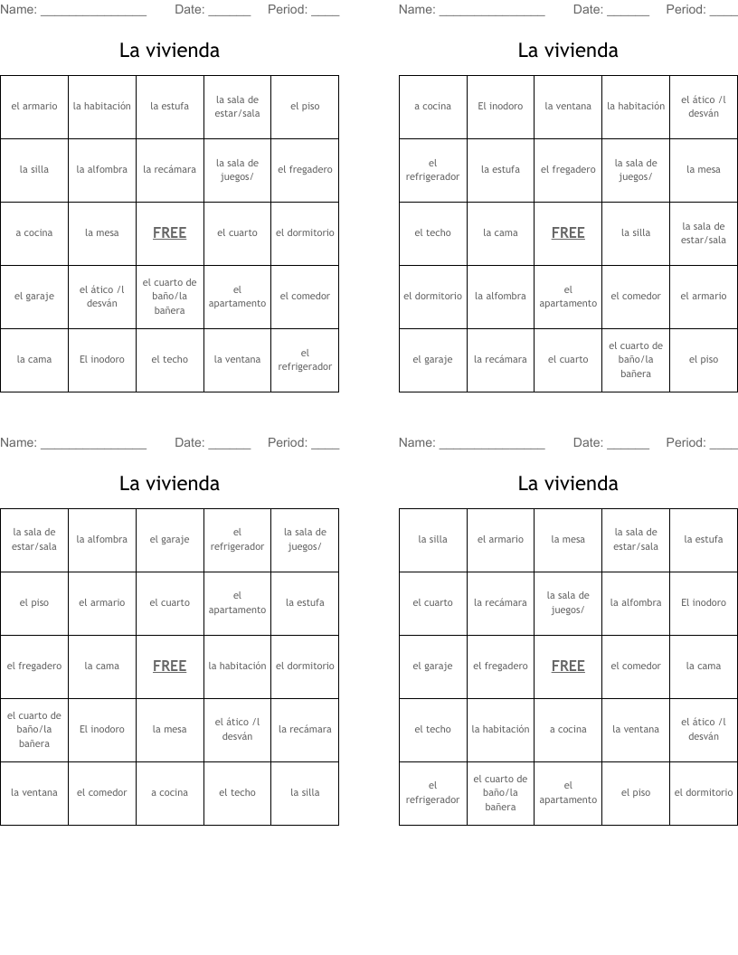 La vivienda Bingo Cards