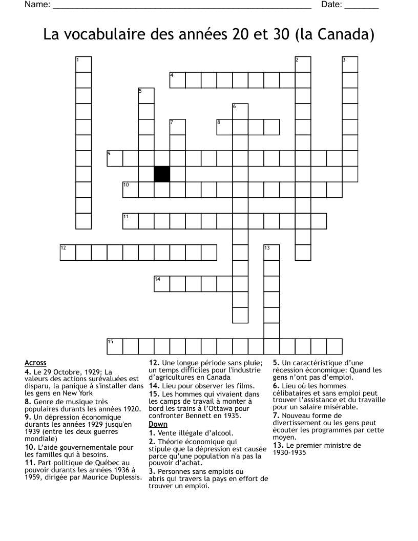 La vocabulaire des années 20 et 30 (la Canada) Crossword