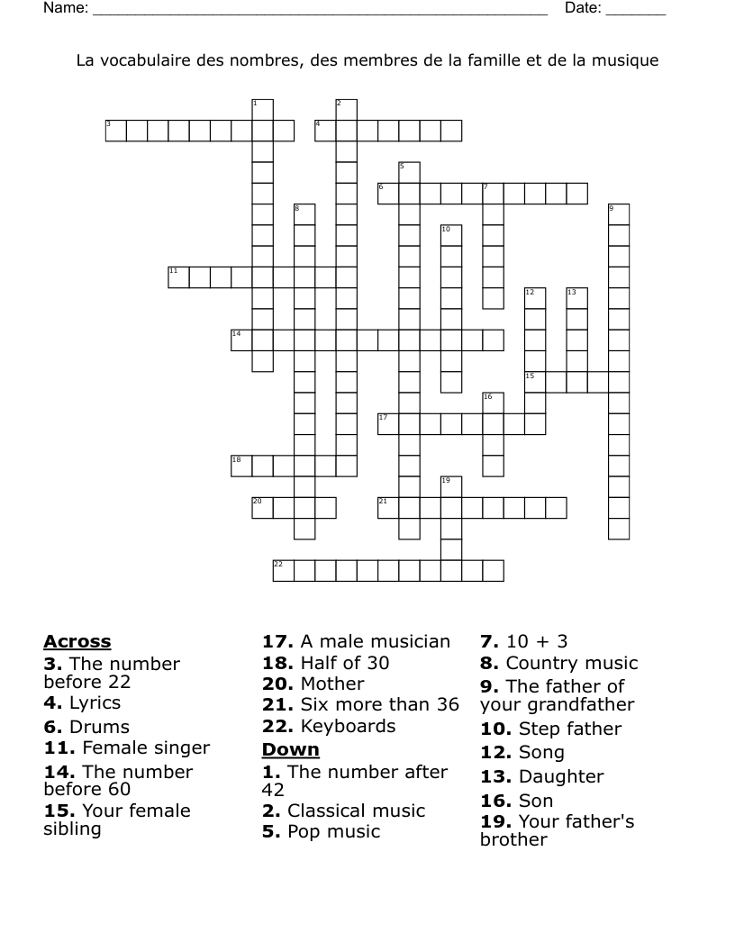 La vocabulaire des nombres, des membres de la famille et de la musique Crossword