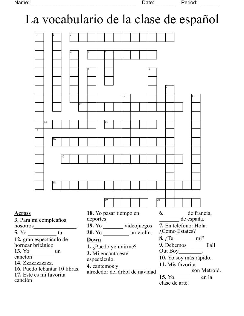 La vocabulario de la clase de español Crossword