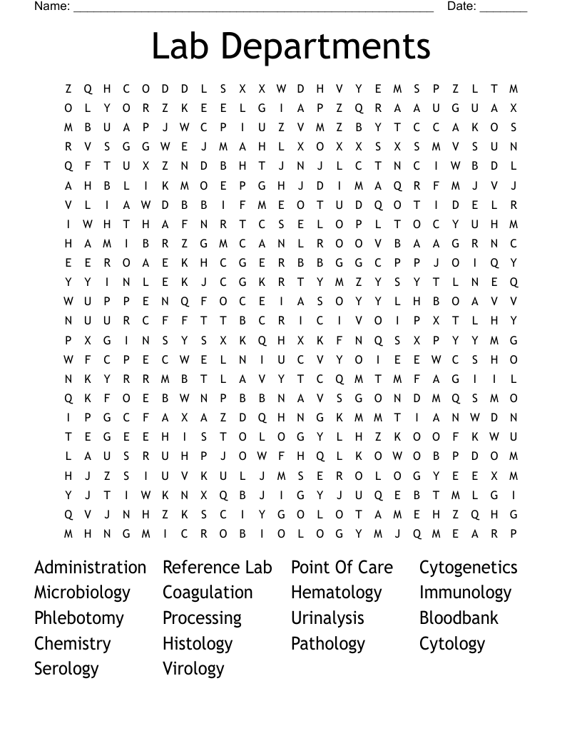 Lab Departments Word Search