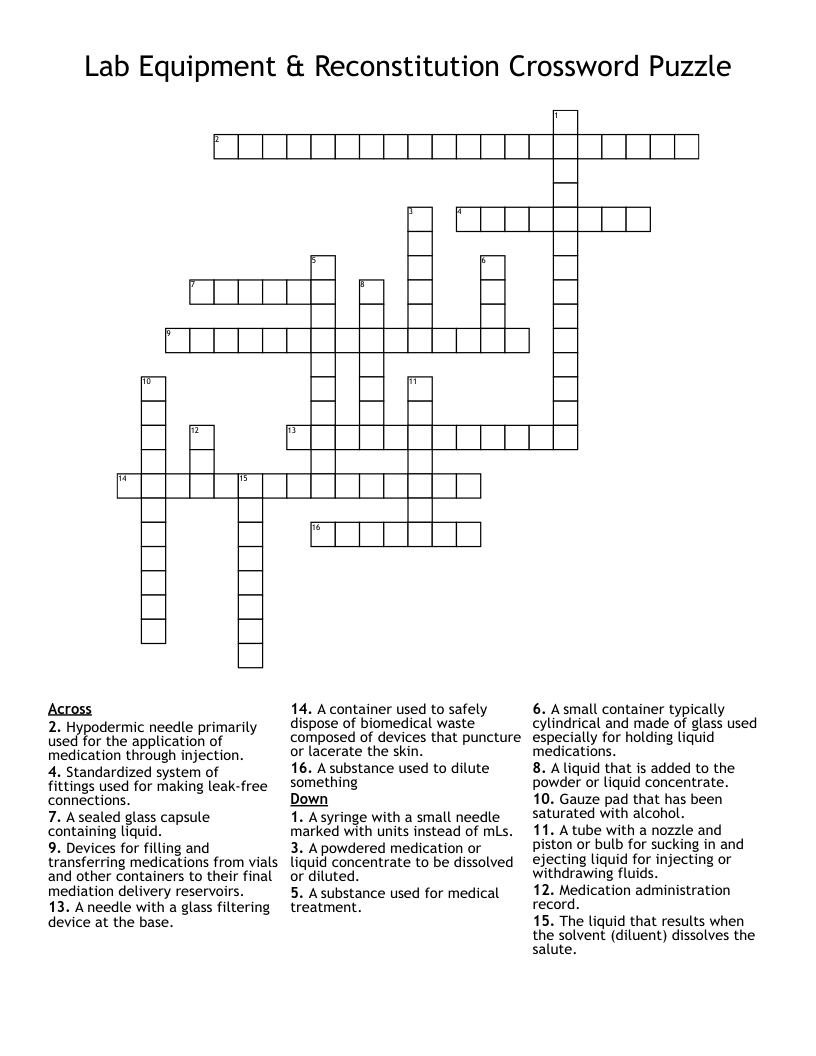 Lab Equipment & Reconstitution Crossword Puzzle