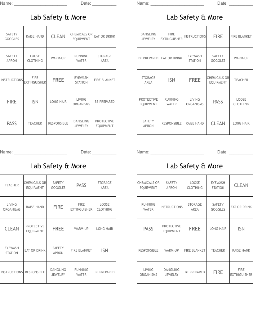 Lab Safety & More Bingo Cards