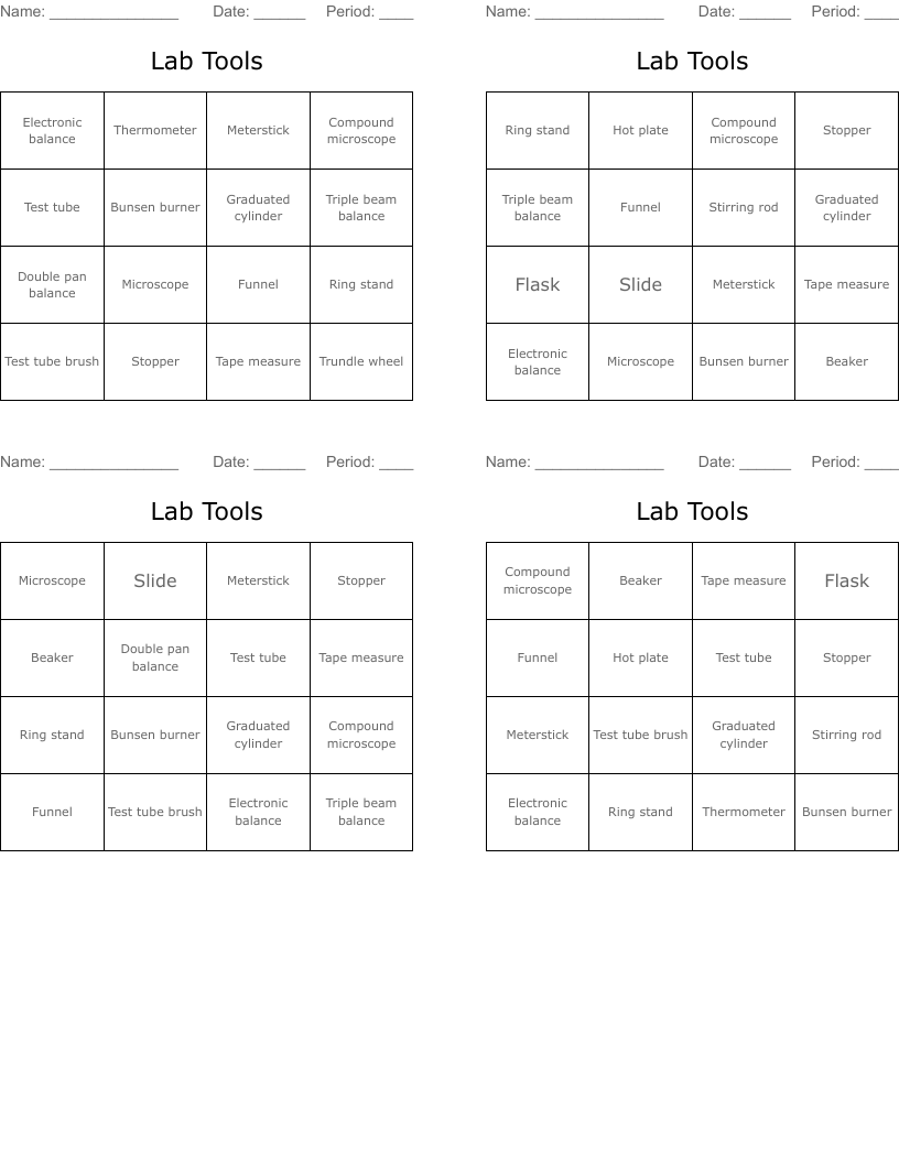 Lab Tools  Bingo Cards