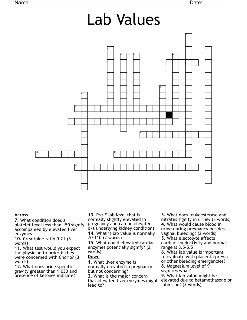 Lab Values Crossword