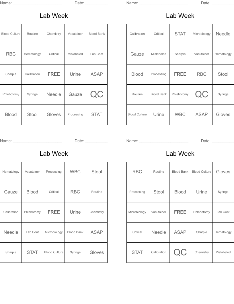 Lab Week Bingo Cards