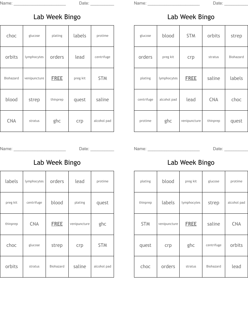 Lab Week Bingo