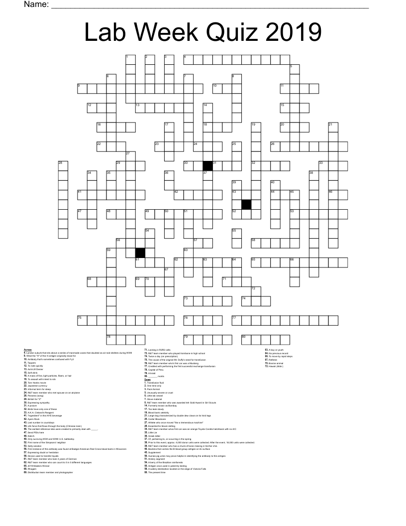 Lab Week Quiz 2019 Crossword