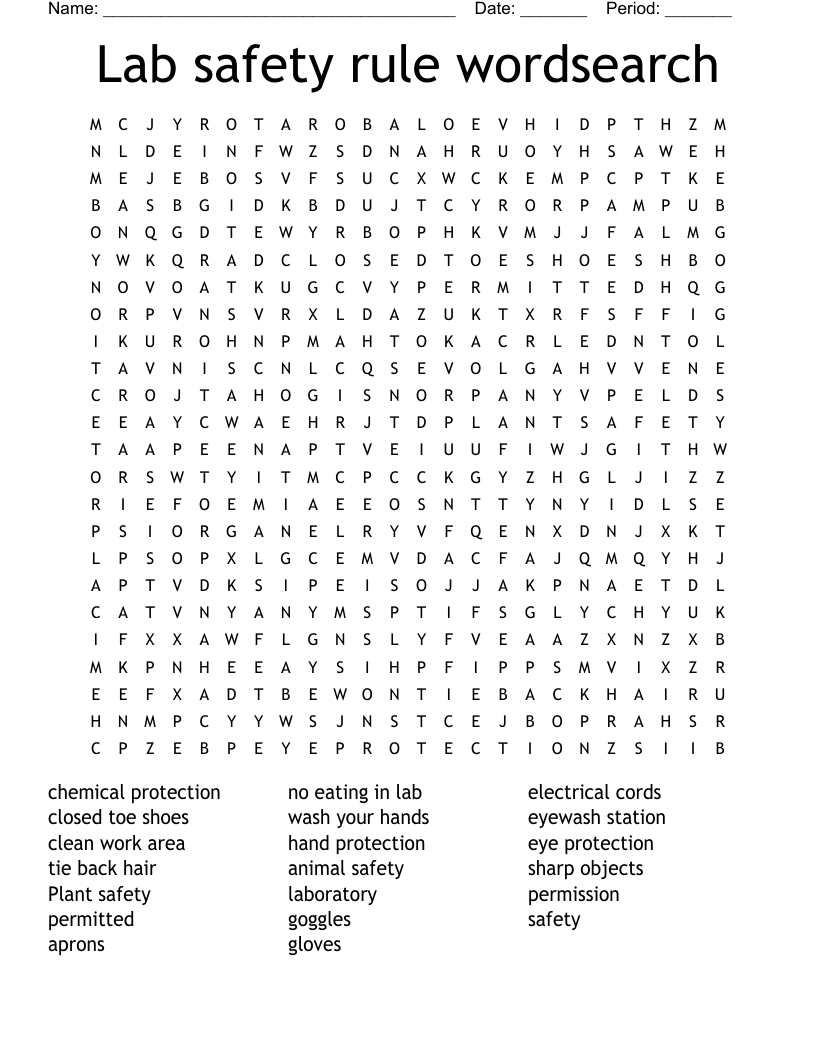 Lab safety rule wordsearch