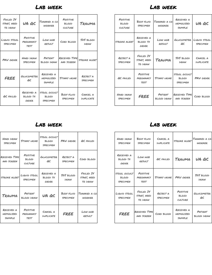 Lab week Bingo Cards
