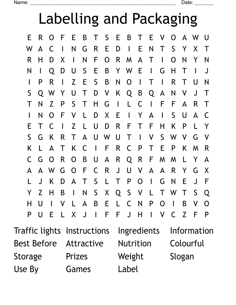 Labelling and Packaging Word Search